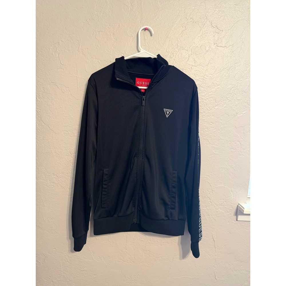 Guess Los Angeles Mens Black Full Zip Track Jacket Logo Tape Sleeves Small